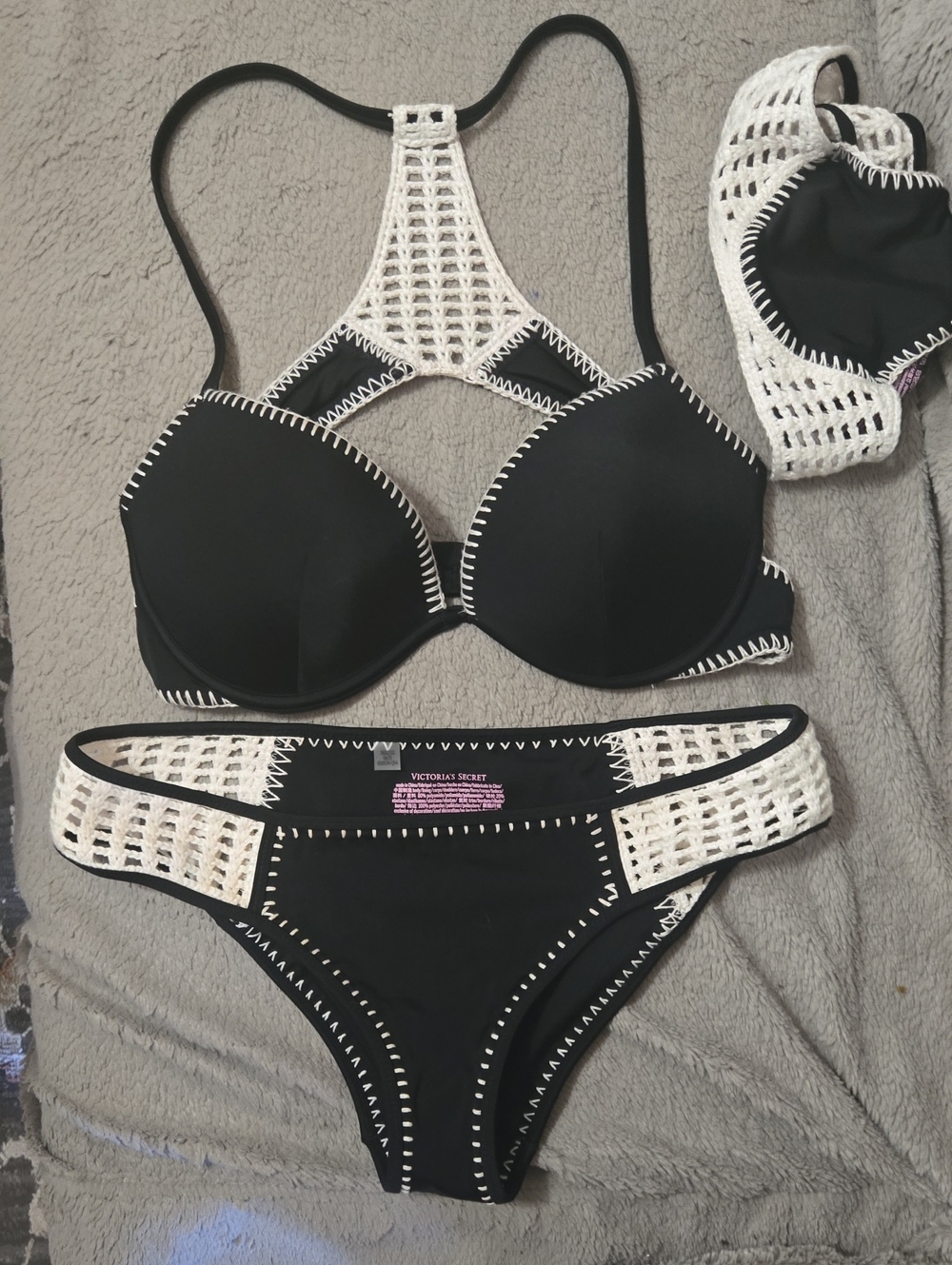 Victoria's Secret Surf Black with White Crochet-Trim Bikini Set